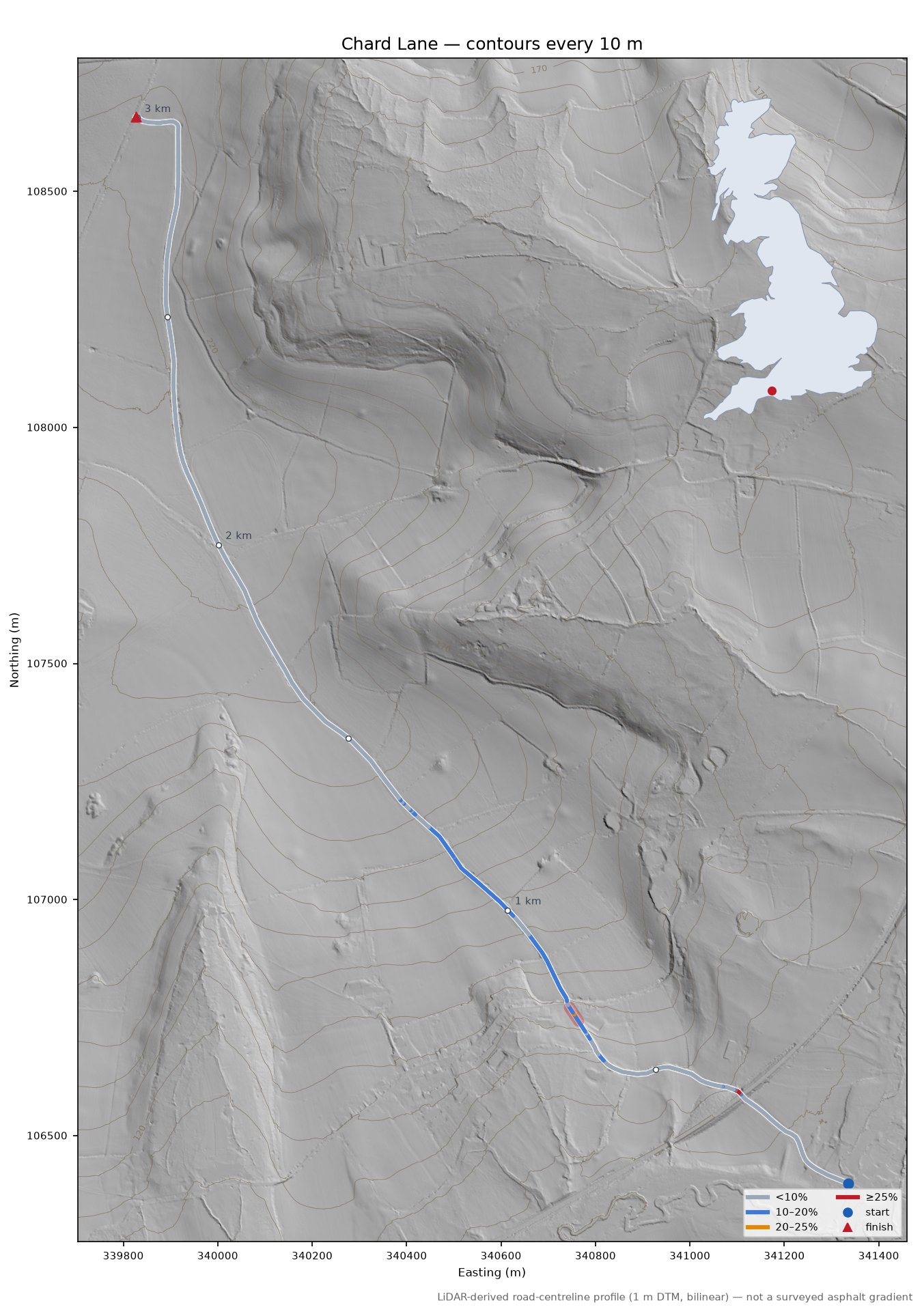 Chard Lane LiDAR hillshade map with contours