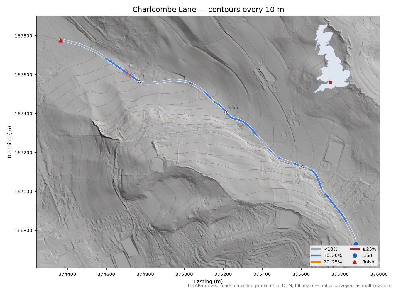 Charlcombe Lane LiDAR hillshade map with contours