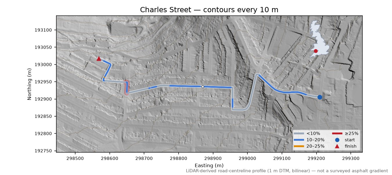 Charles Street LiDAR hillshade map with contours
