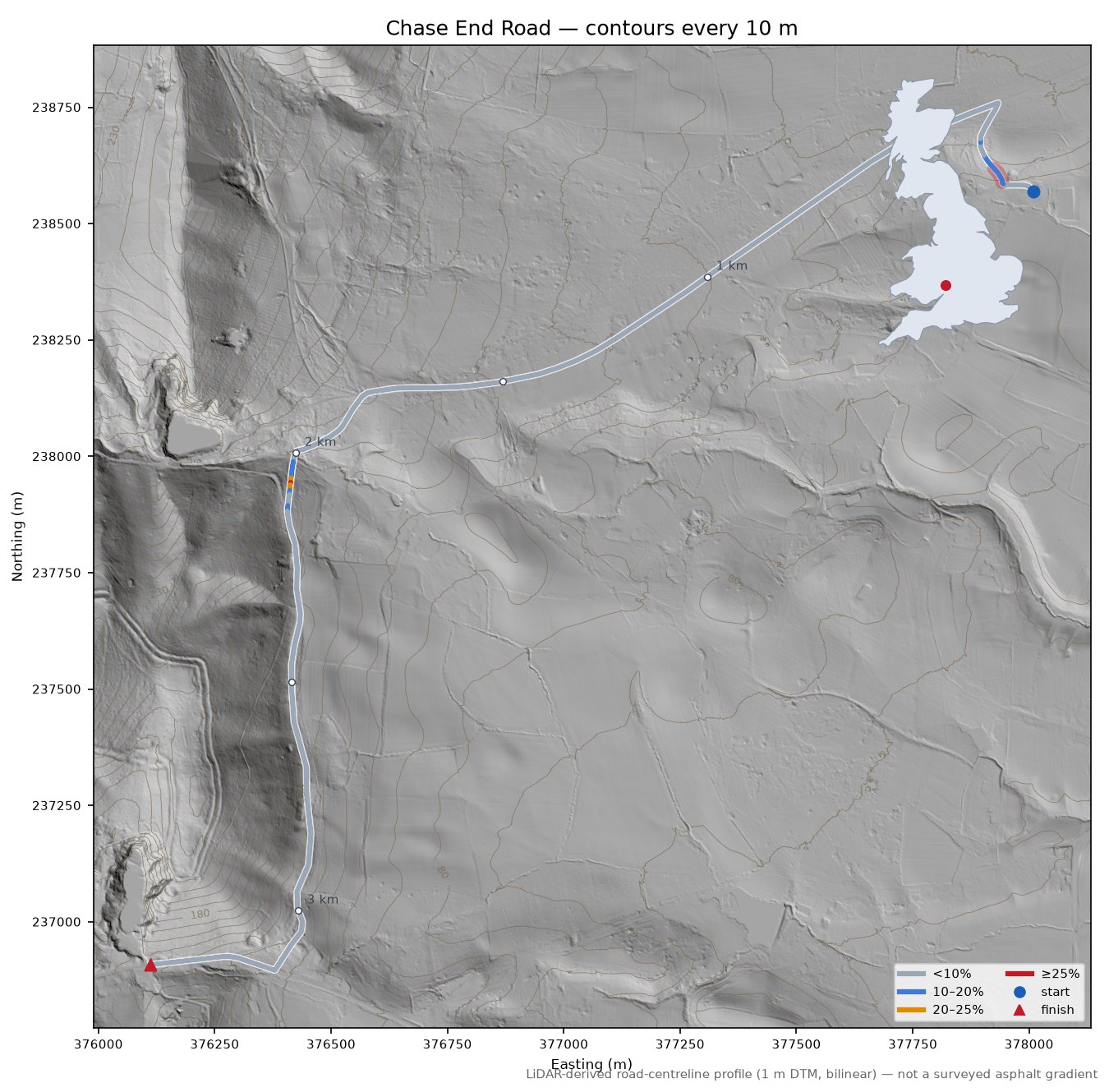 Chase End Road LiDAR hillshade map with contours