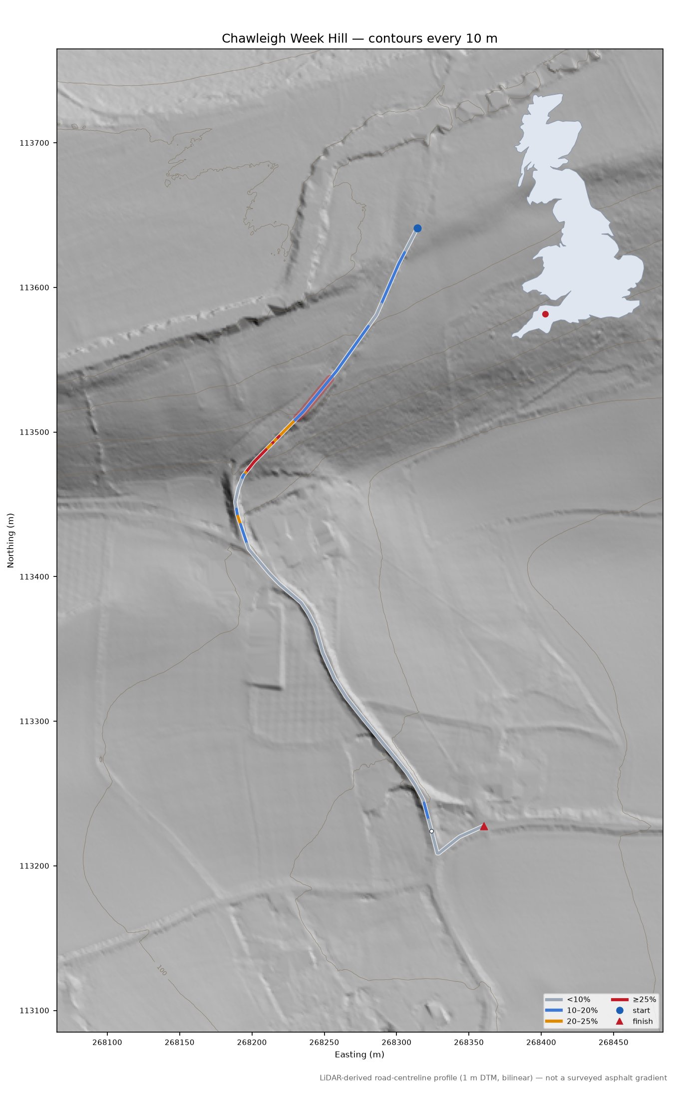 Chawleigh Week Hill LiDAR hillshade map with contours