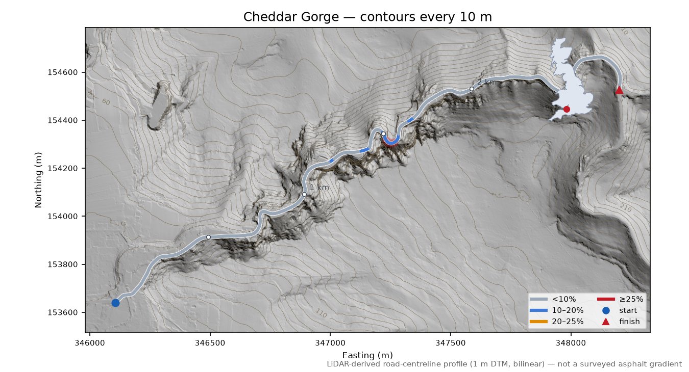 Cheddar Gorge LiDAR hillshade map with contours