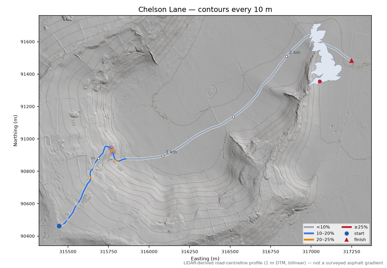 Chelson Lane LiDAR hillshade map with contours
