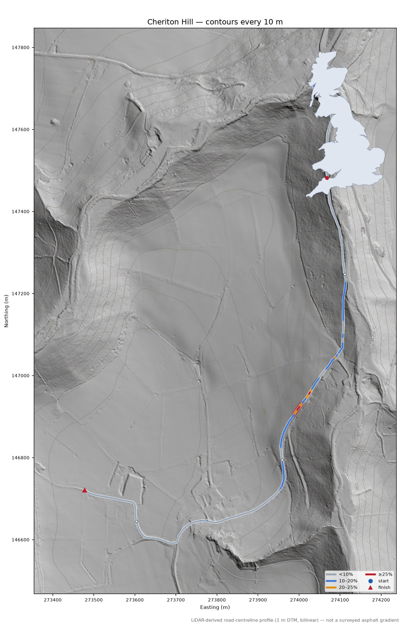 Cheriton Hill LiDAR hillshade map with contours