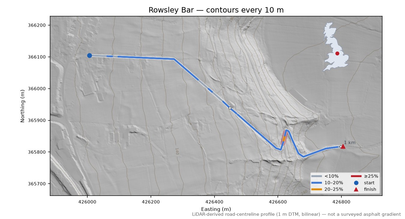 Rowsley Bar LiDAR hillshade map with contours