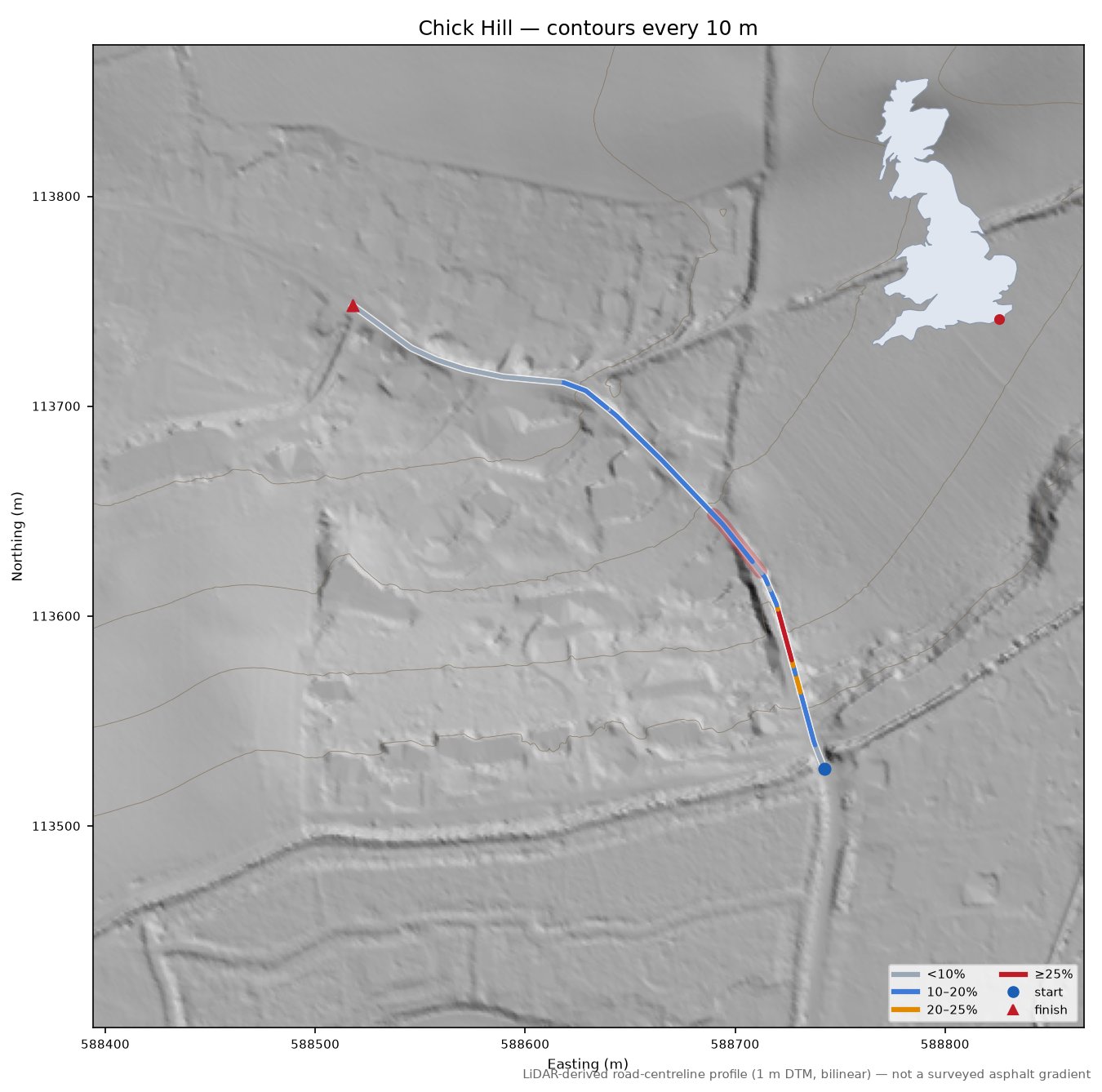 Chick Hill LiDAR hillshade map with contours