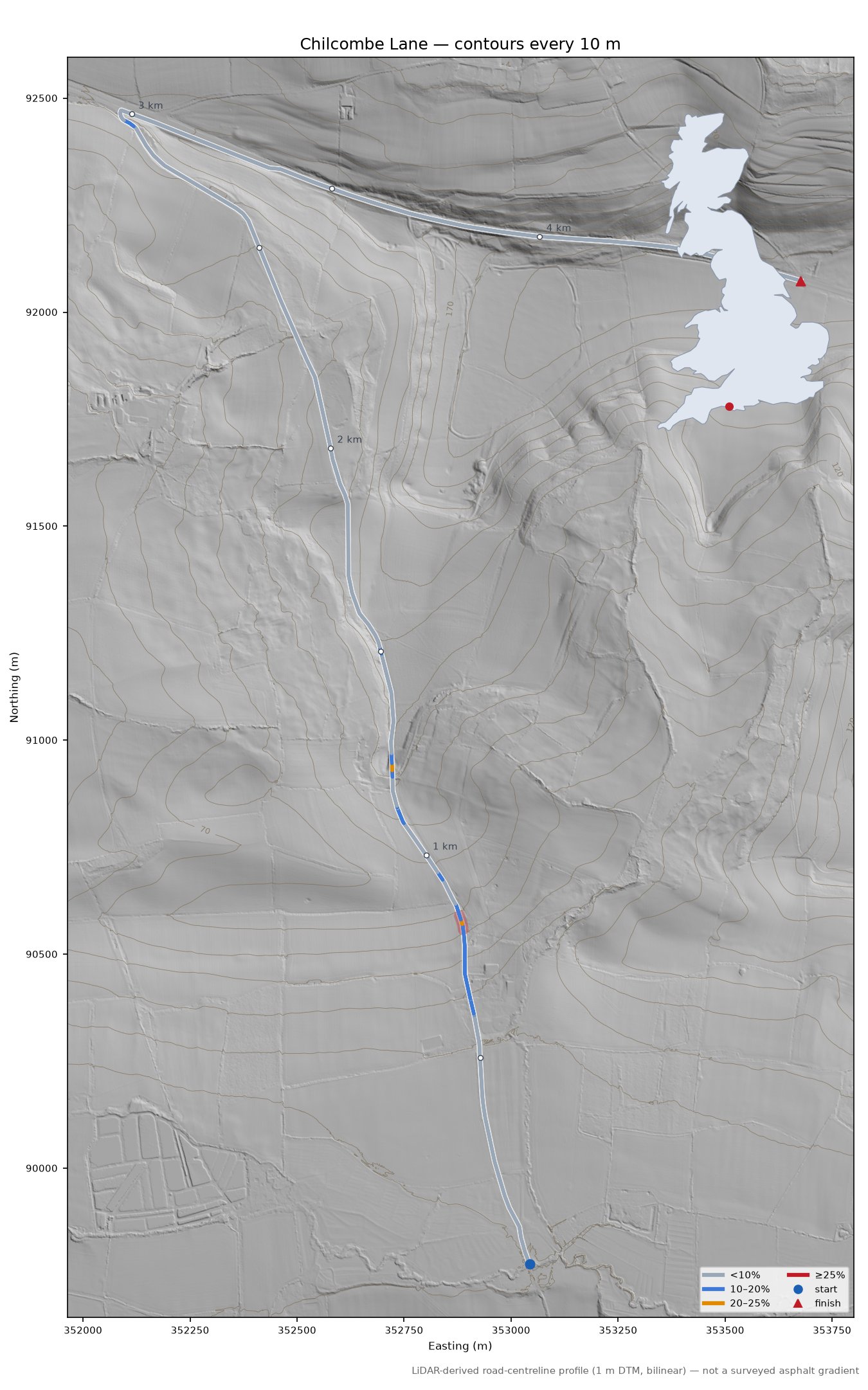 Chilcombe Lane LiDAR hillshade map with contours