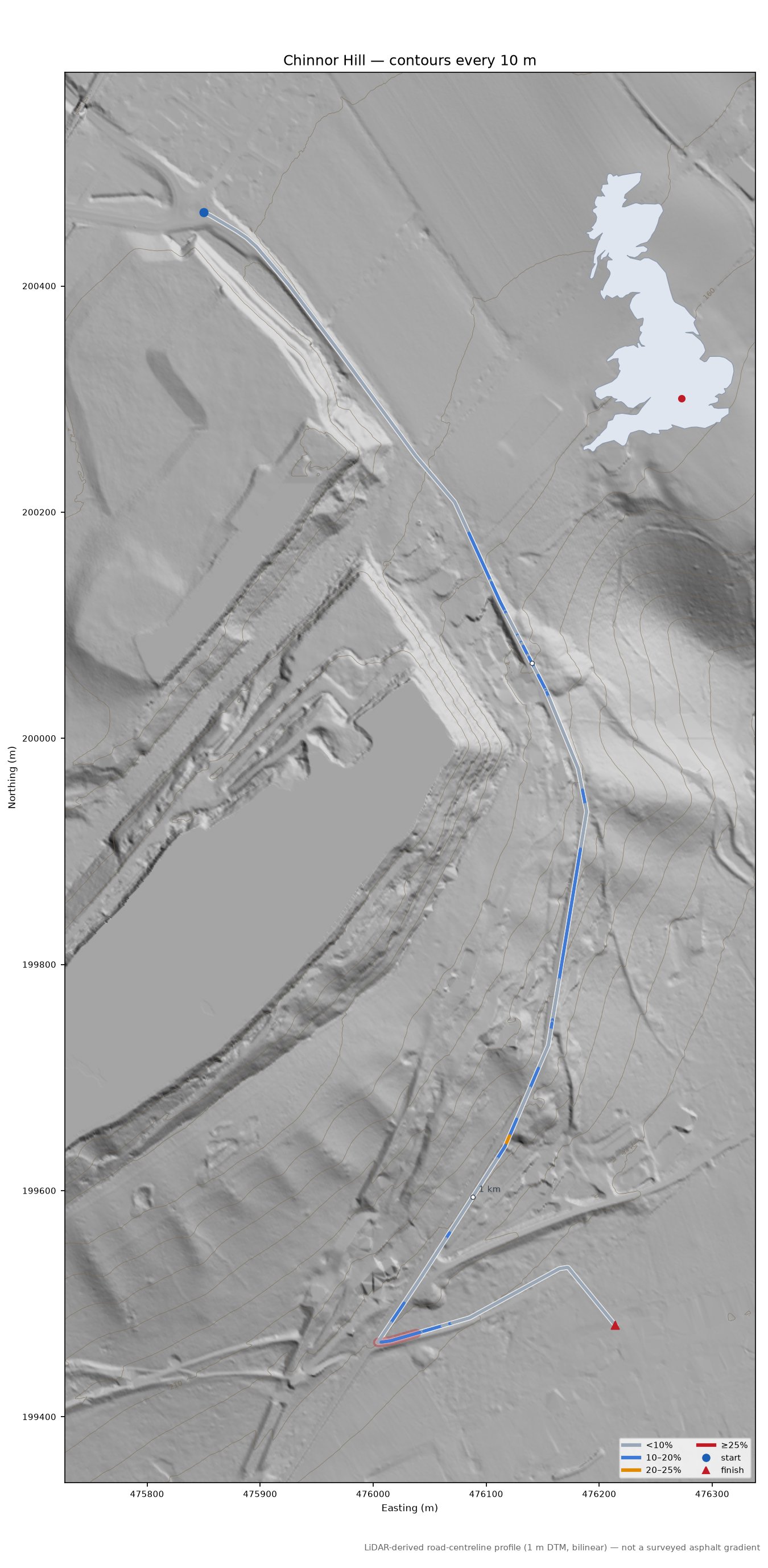 Chinnor Hill LiDAR hillshade map with contours