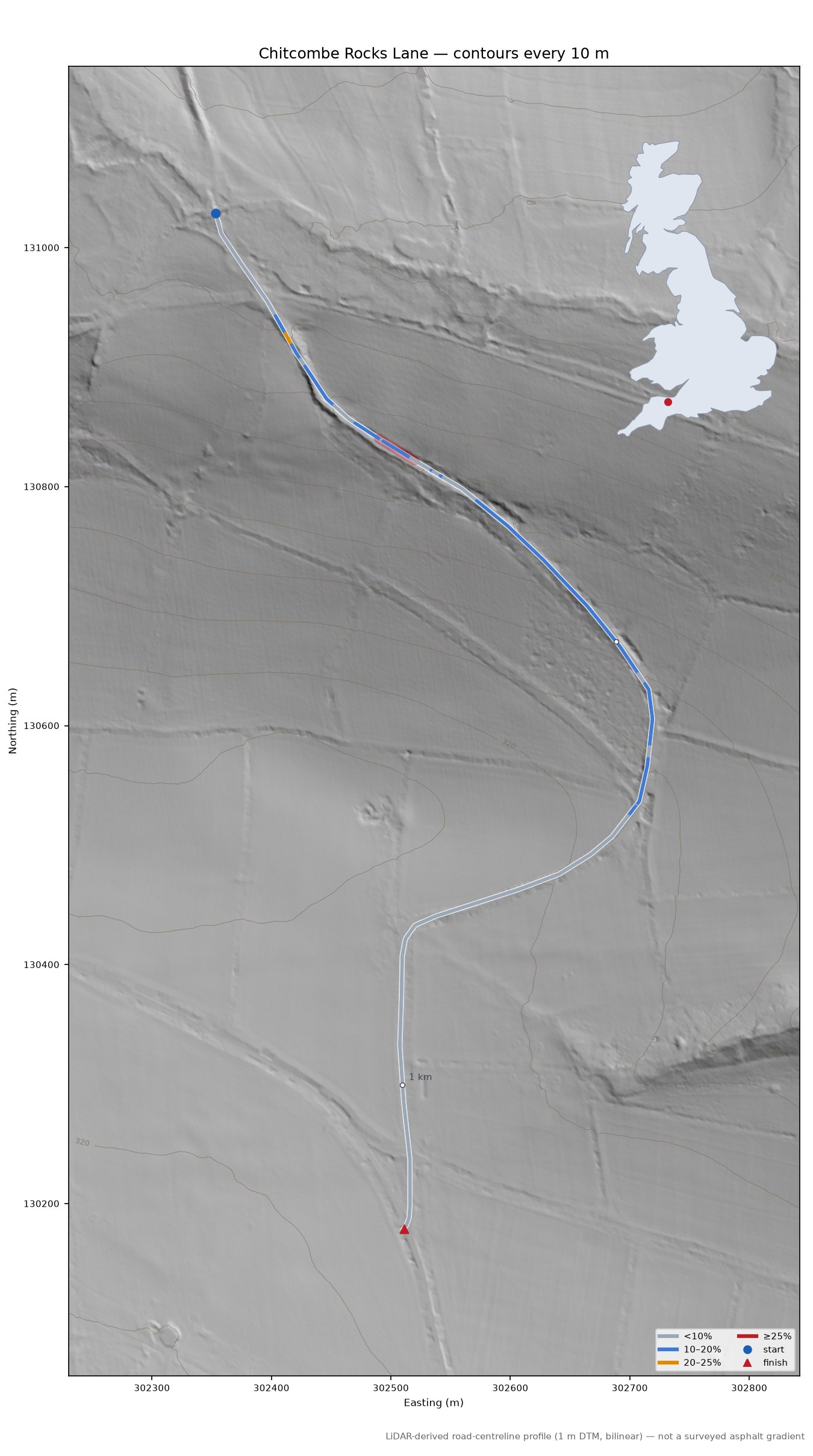 Chitcombe Rocks Lane LiDAR hillshade map with contours