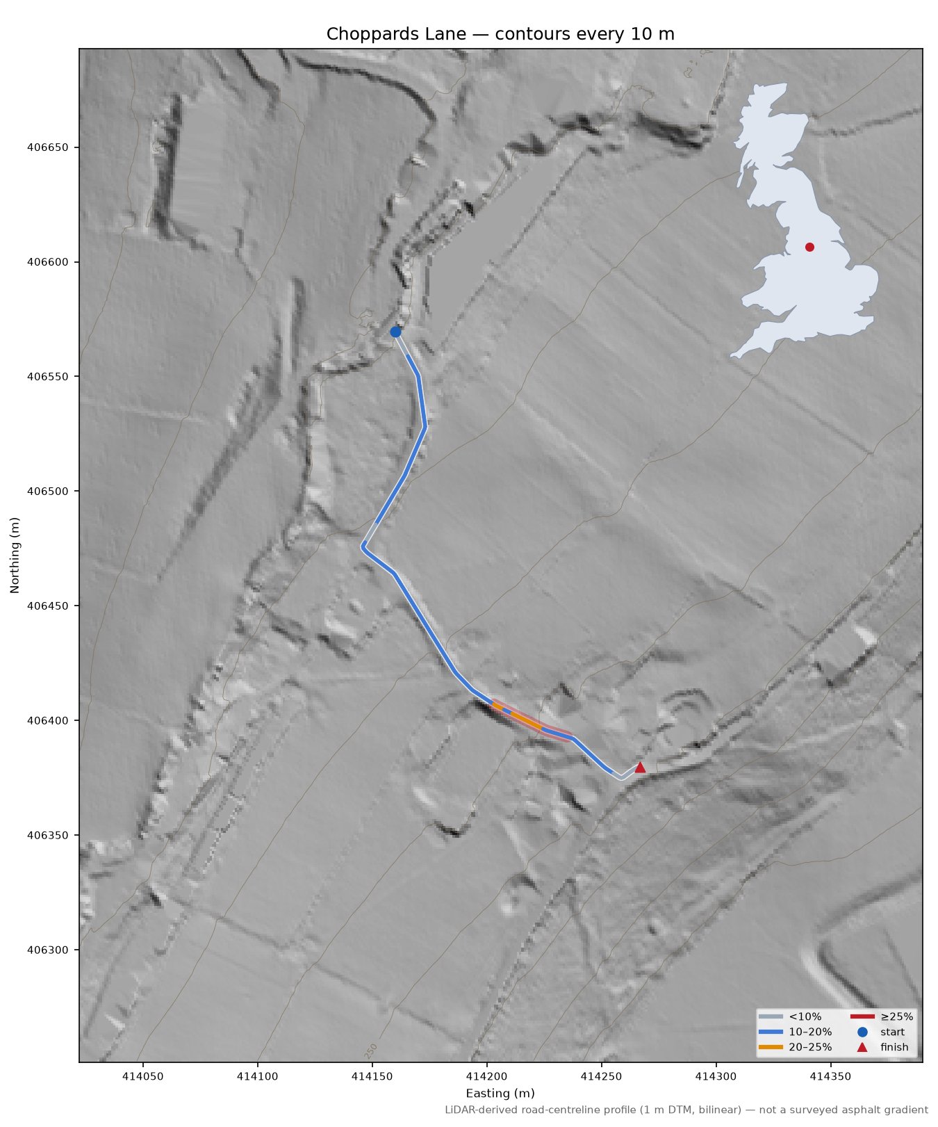 Choppards Lane LiDAR hillshade map with contours