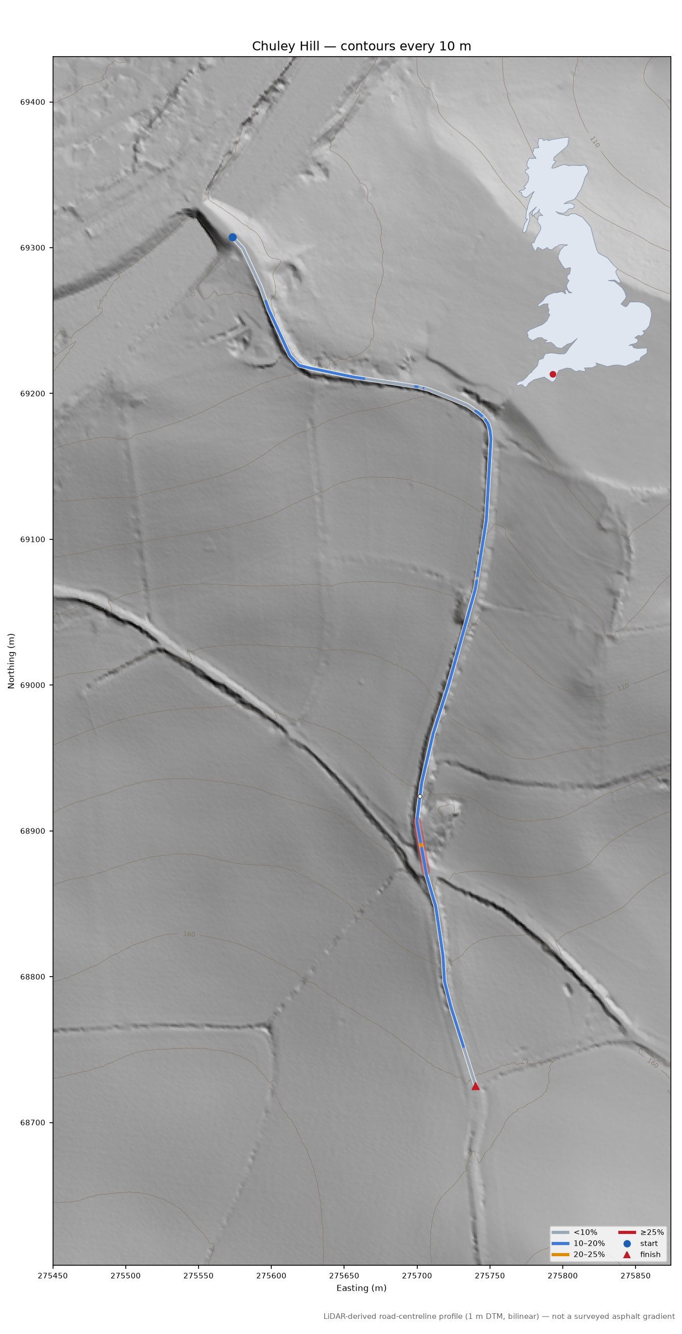 Chuley Hill LiDAR hillshade map with contours