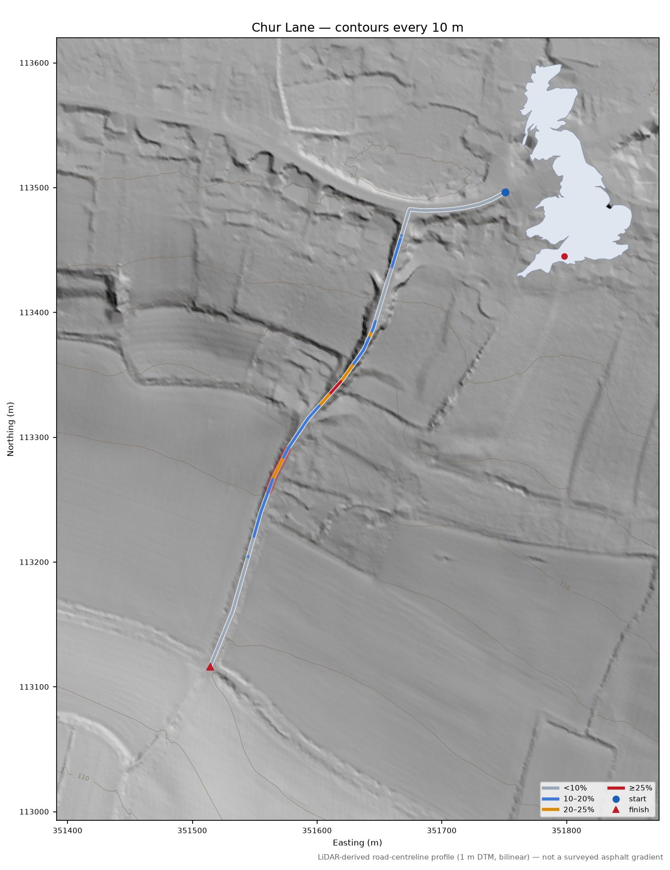 Chur Lane LiDAR hillshade map with contours