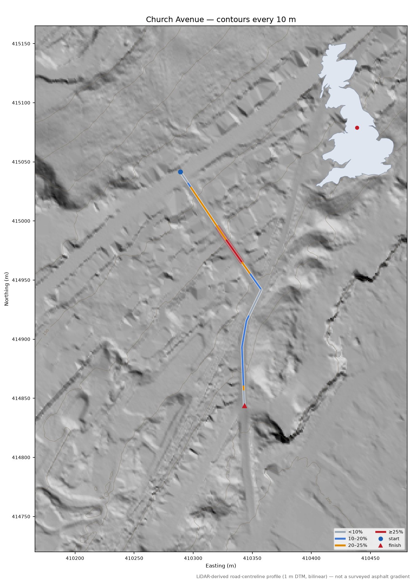 Church Avenue LiDAR hillshade map with contours