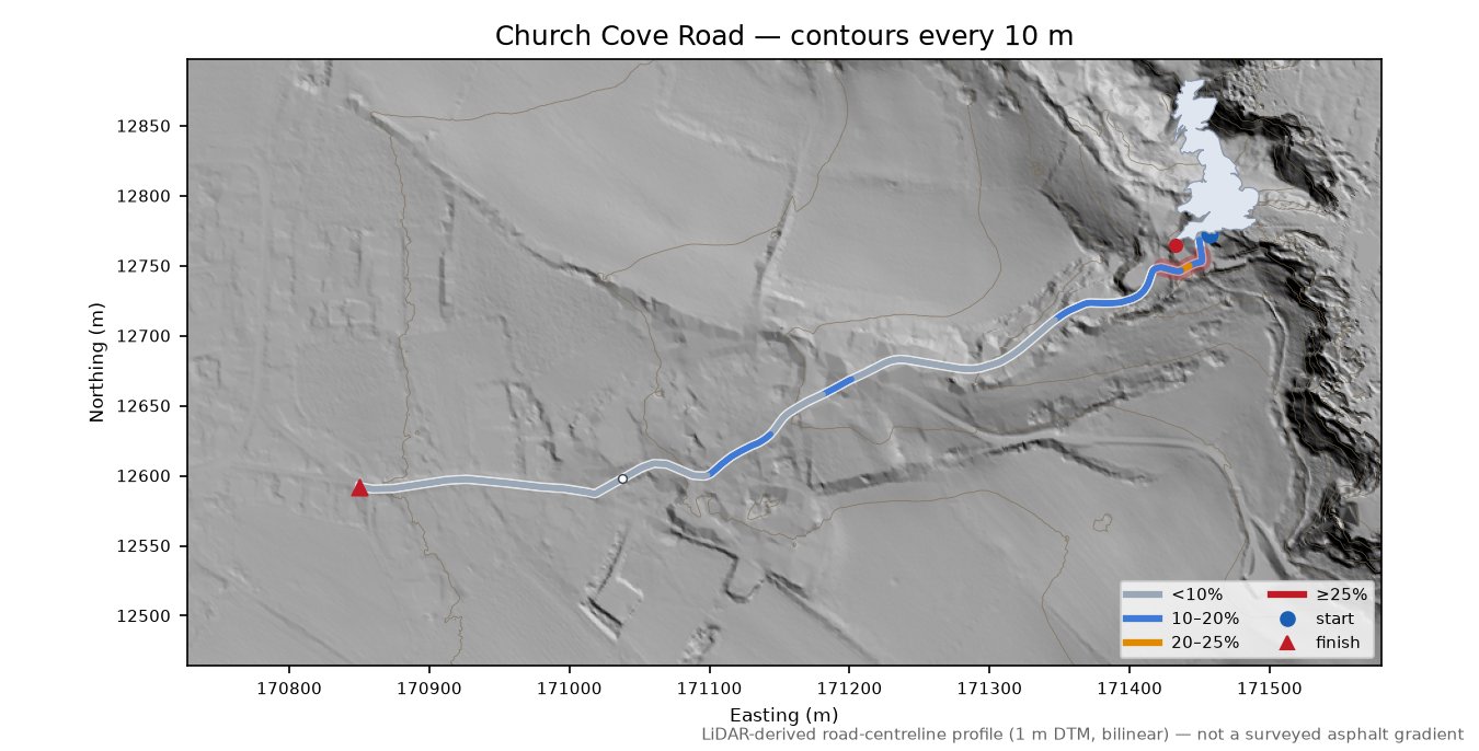 Church Cove Road LiDAR hillshade map with contours