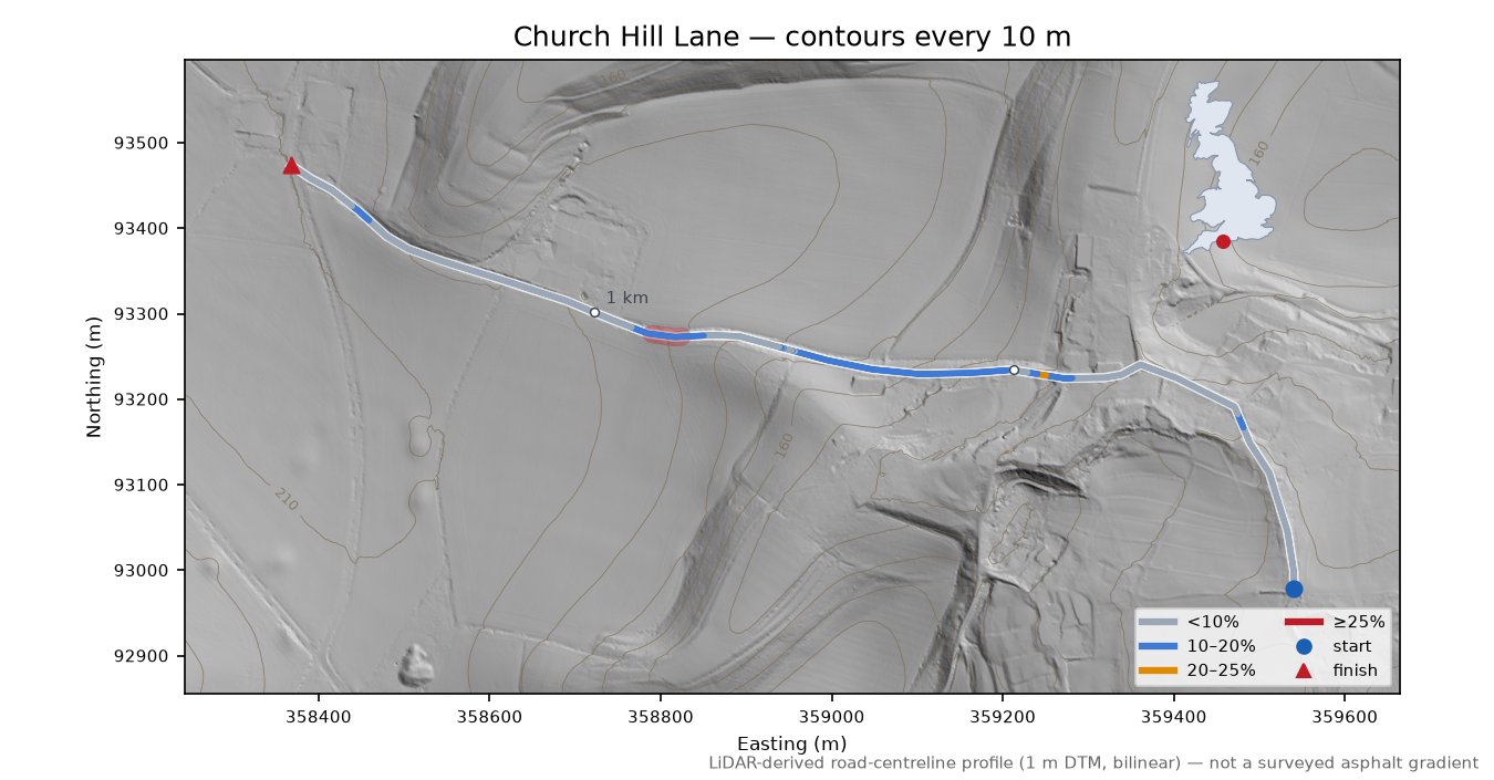 Church Hill Lane LiDAR hillshade map with contours