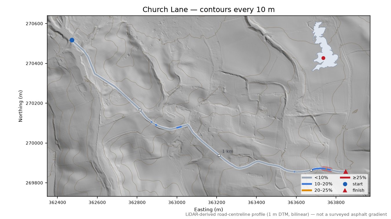 Church Lane LiDAR hillshade map with contours