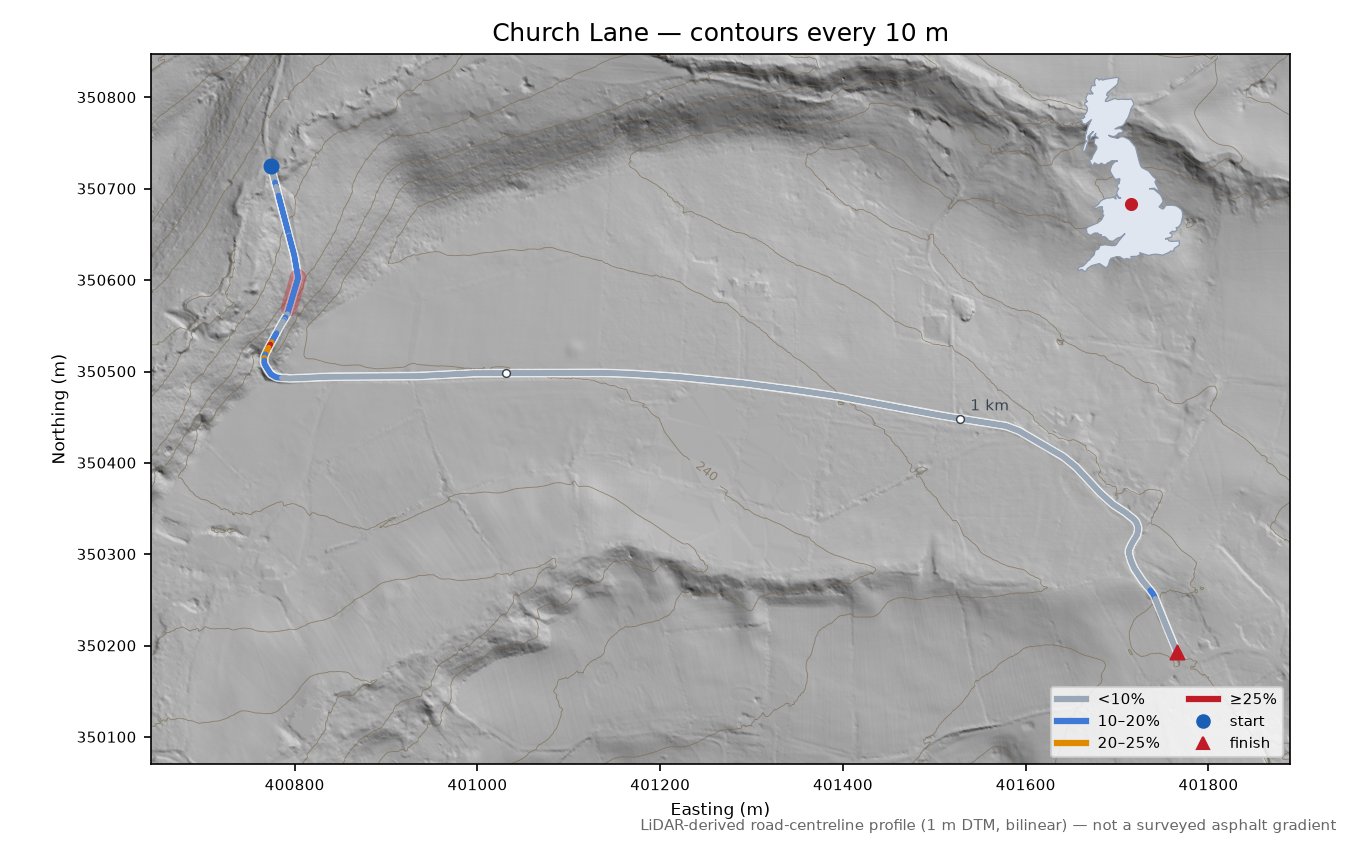 Church Lane LiDAR hillshade map with contours