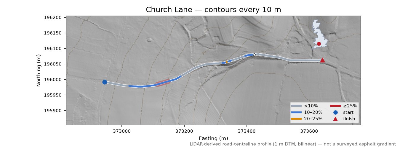 Church Lane LiDAR hillshade map with contours
