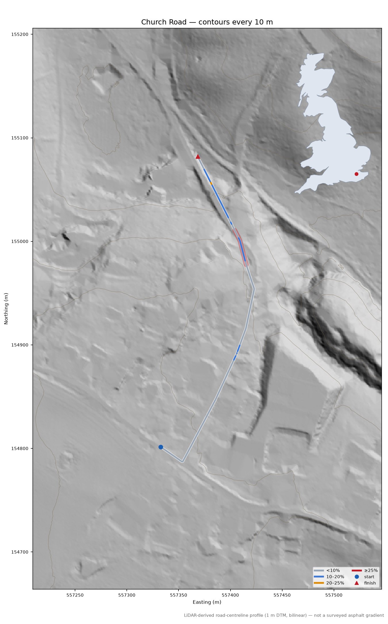 Church Road LiDAR hillshade map with contours