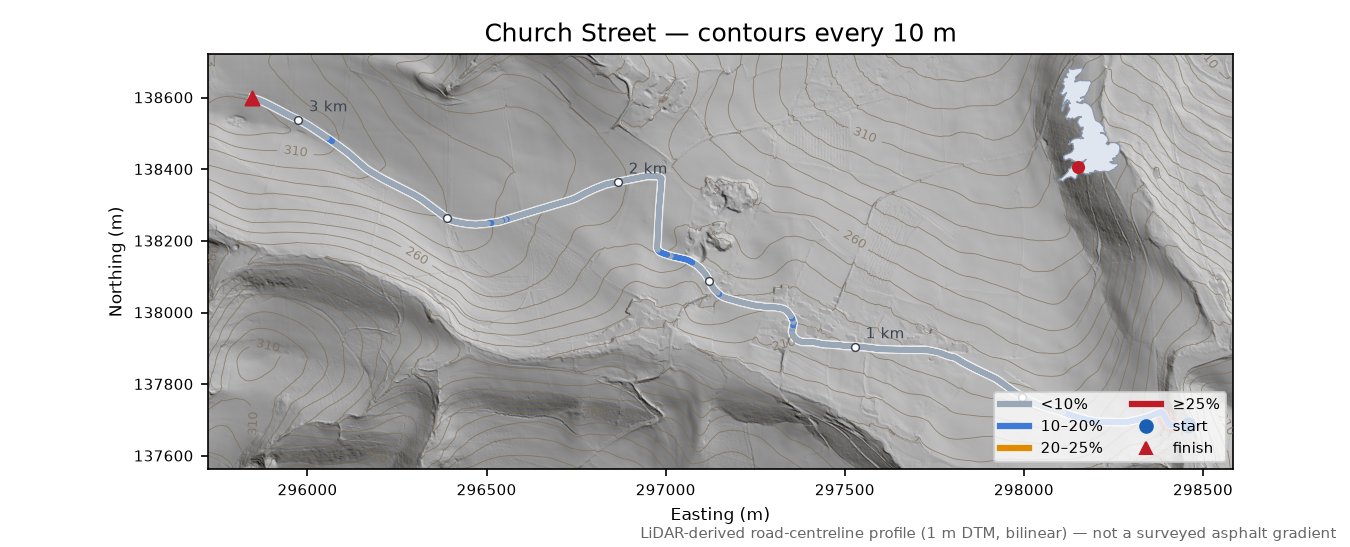 Church Street LiDAR hillshade map with contours
