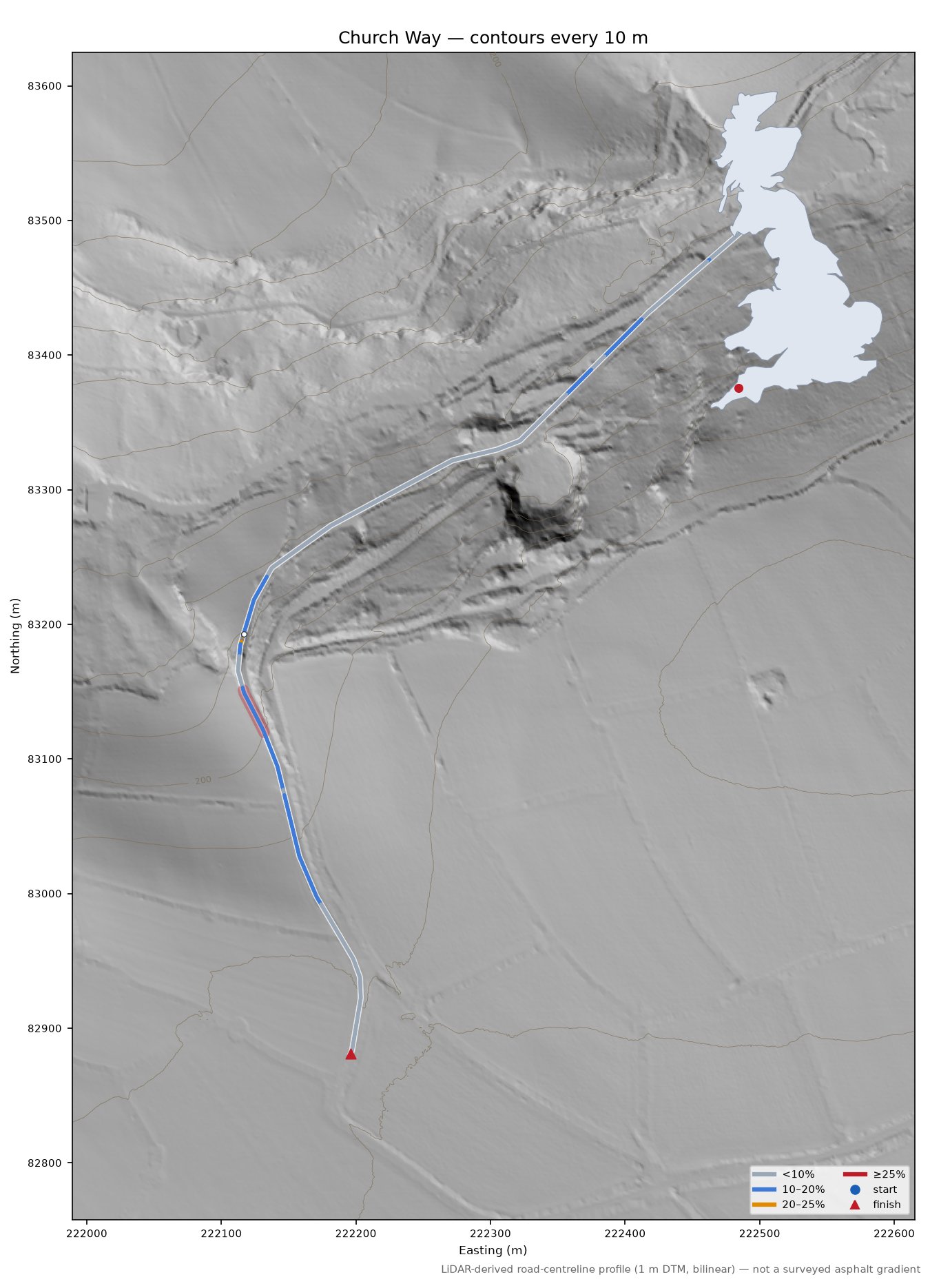 Church Way LiDAR hillshade map with contours