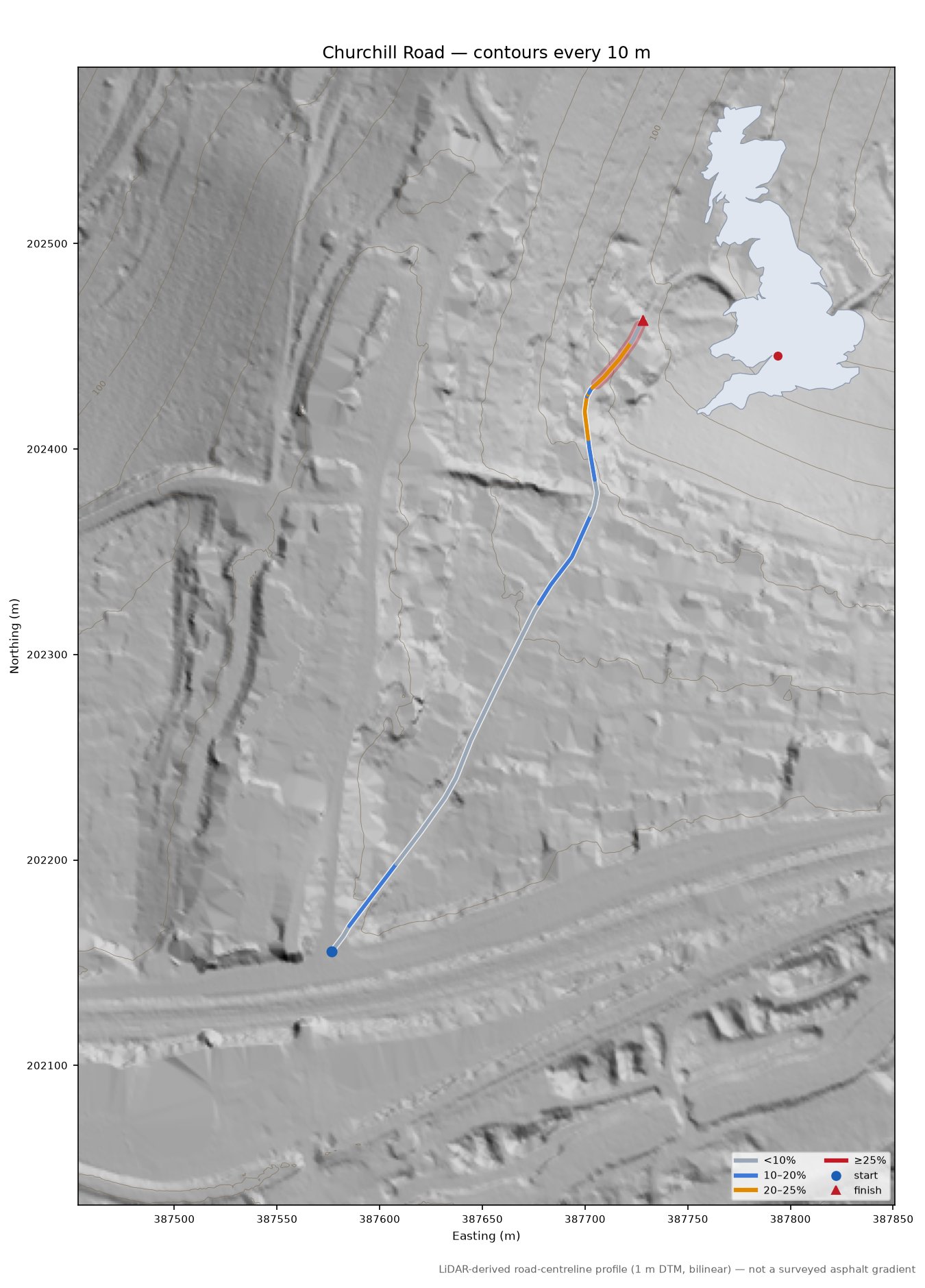 Churchill Road LiDAR hillshade map with contours