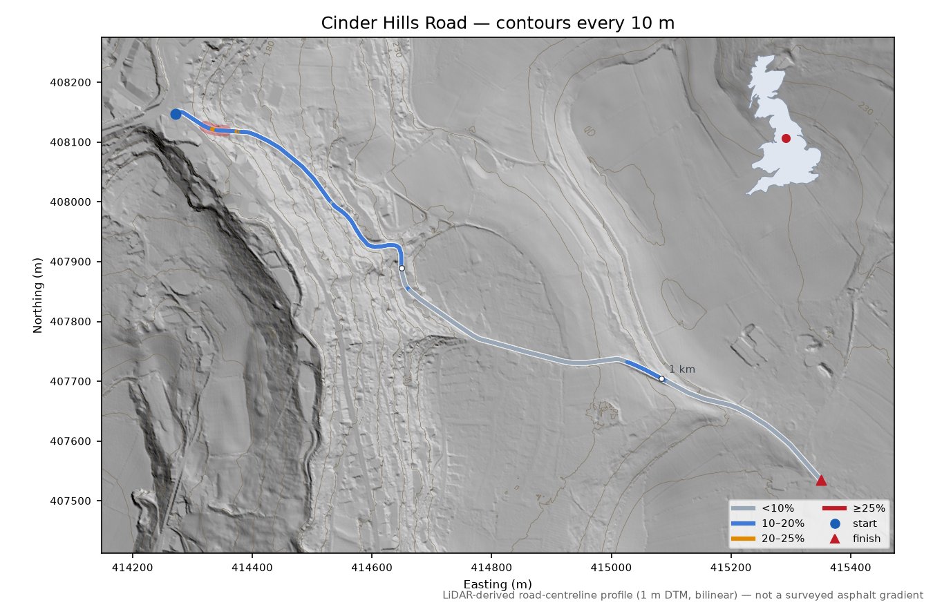 Cinder Hills Road LiDAR hillshade map with contours