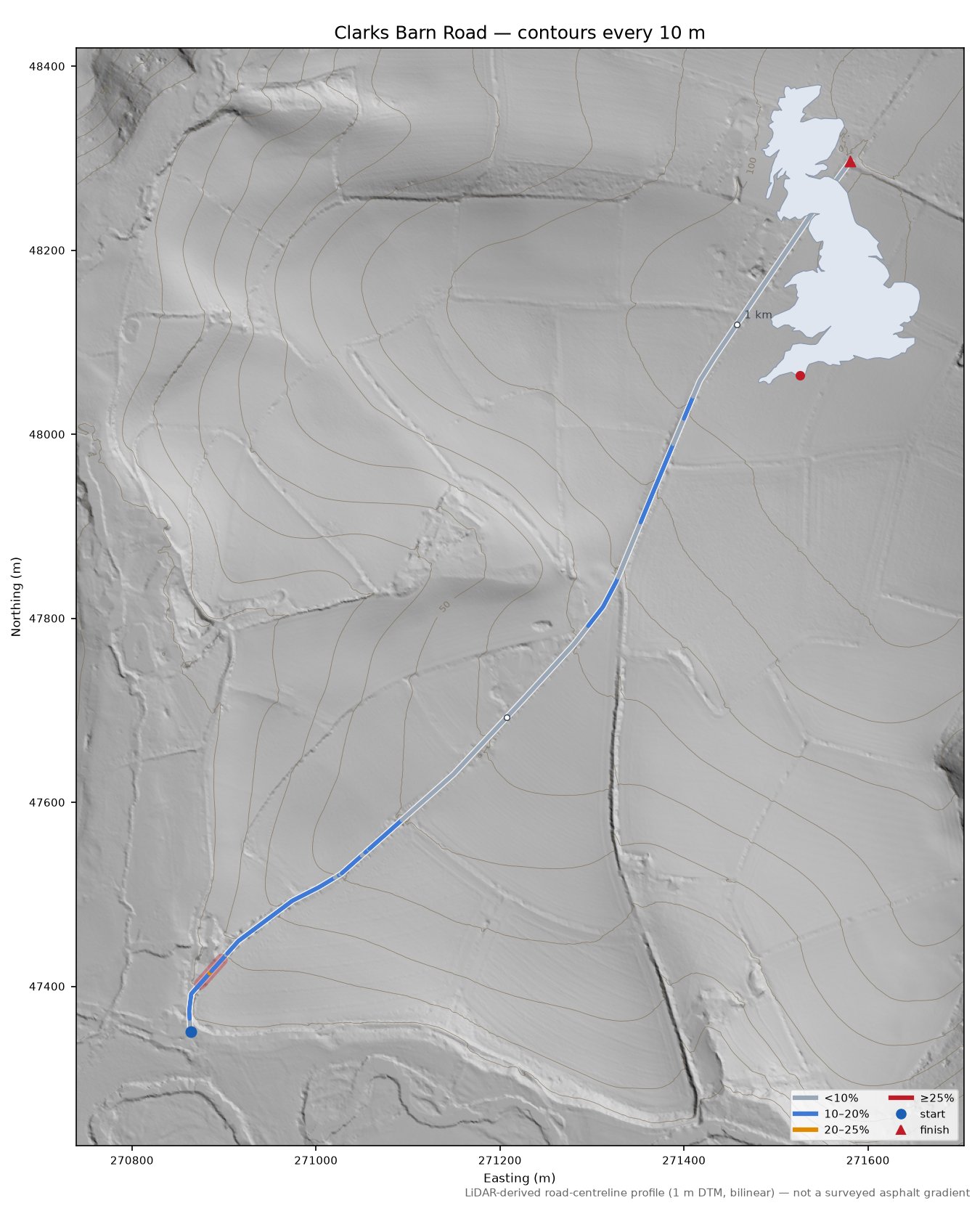 Clarks Barn Road LiDAR hillshade map with contours