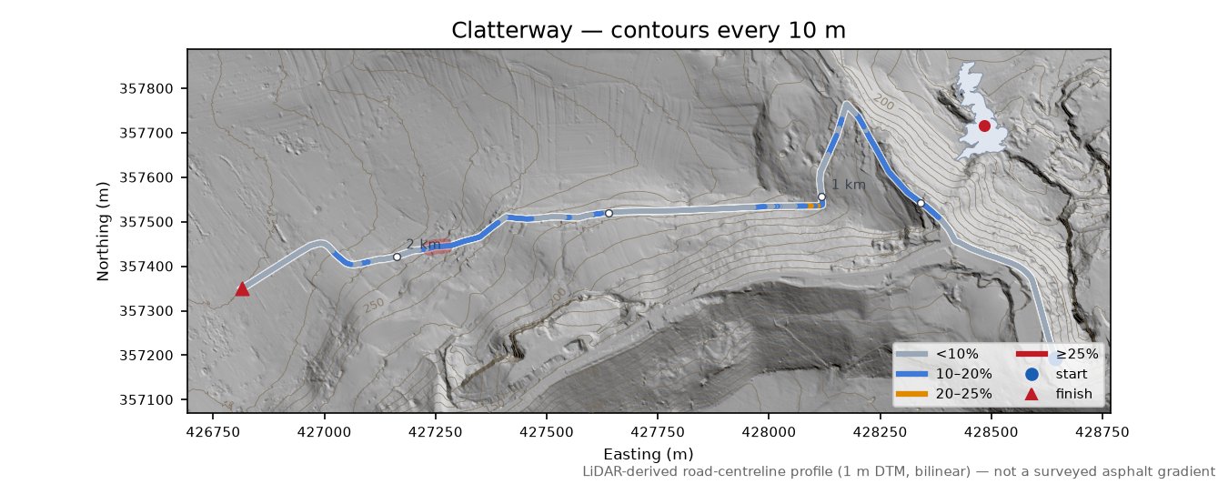 Clatterway LiDAR hillshade map with contours