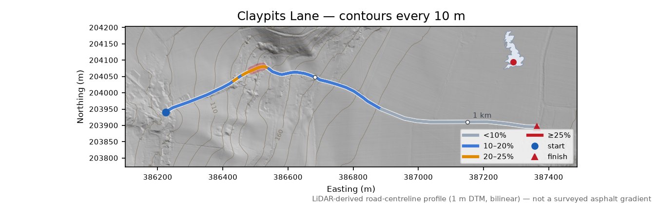 Claypits Lane LiDAR hillshade map with contours