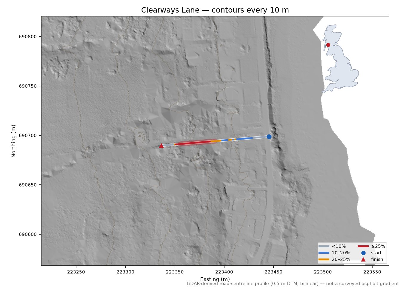 Clearways Lane LiDAR hillshade map with contours