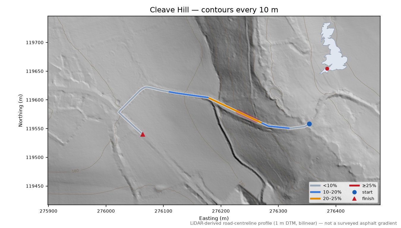 Cleave Hill LiDAR hillshade map with contours