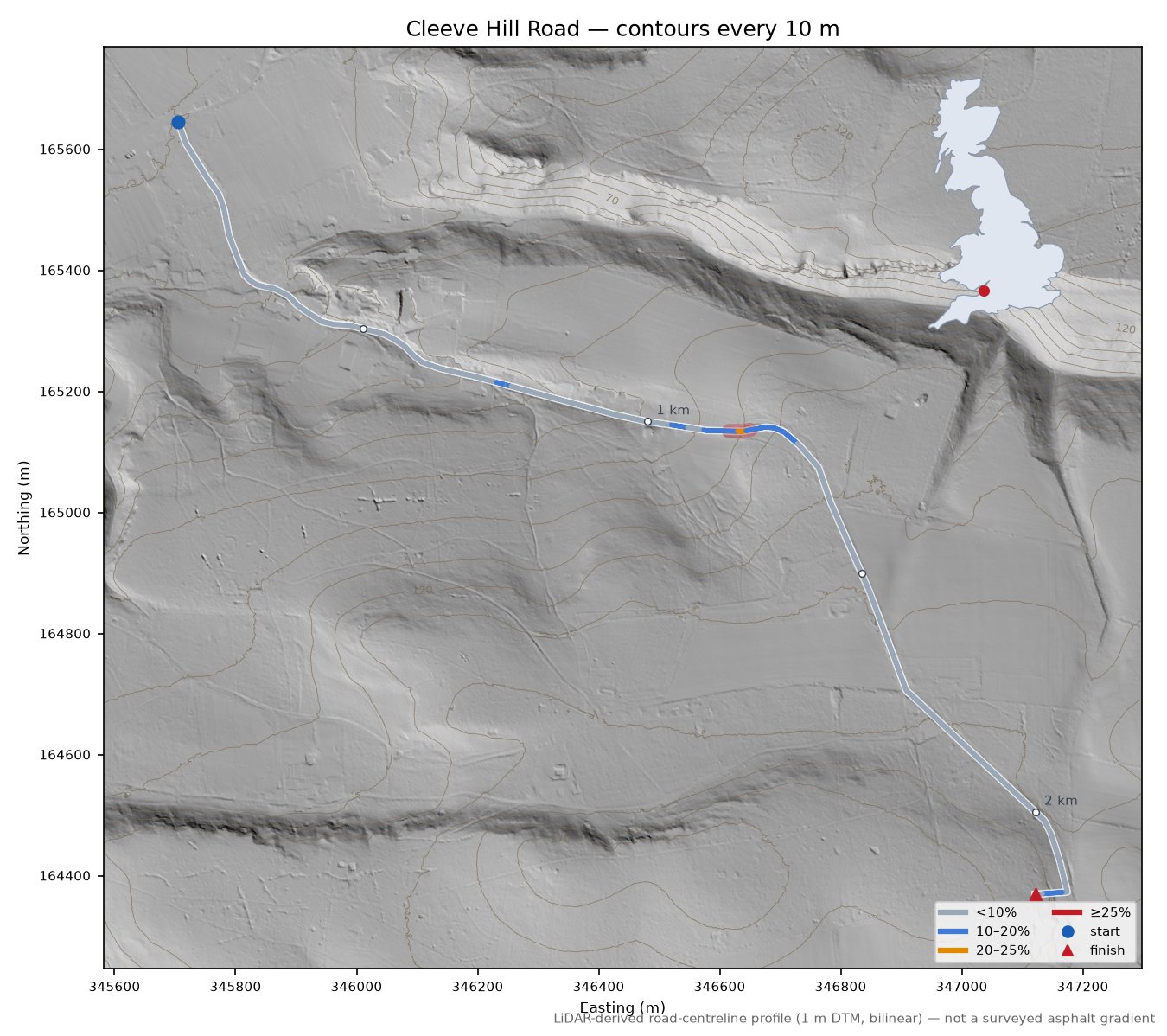 Cleeve Hill Road LiDAR hillshade map with contours