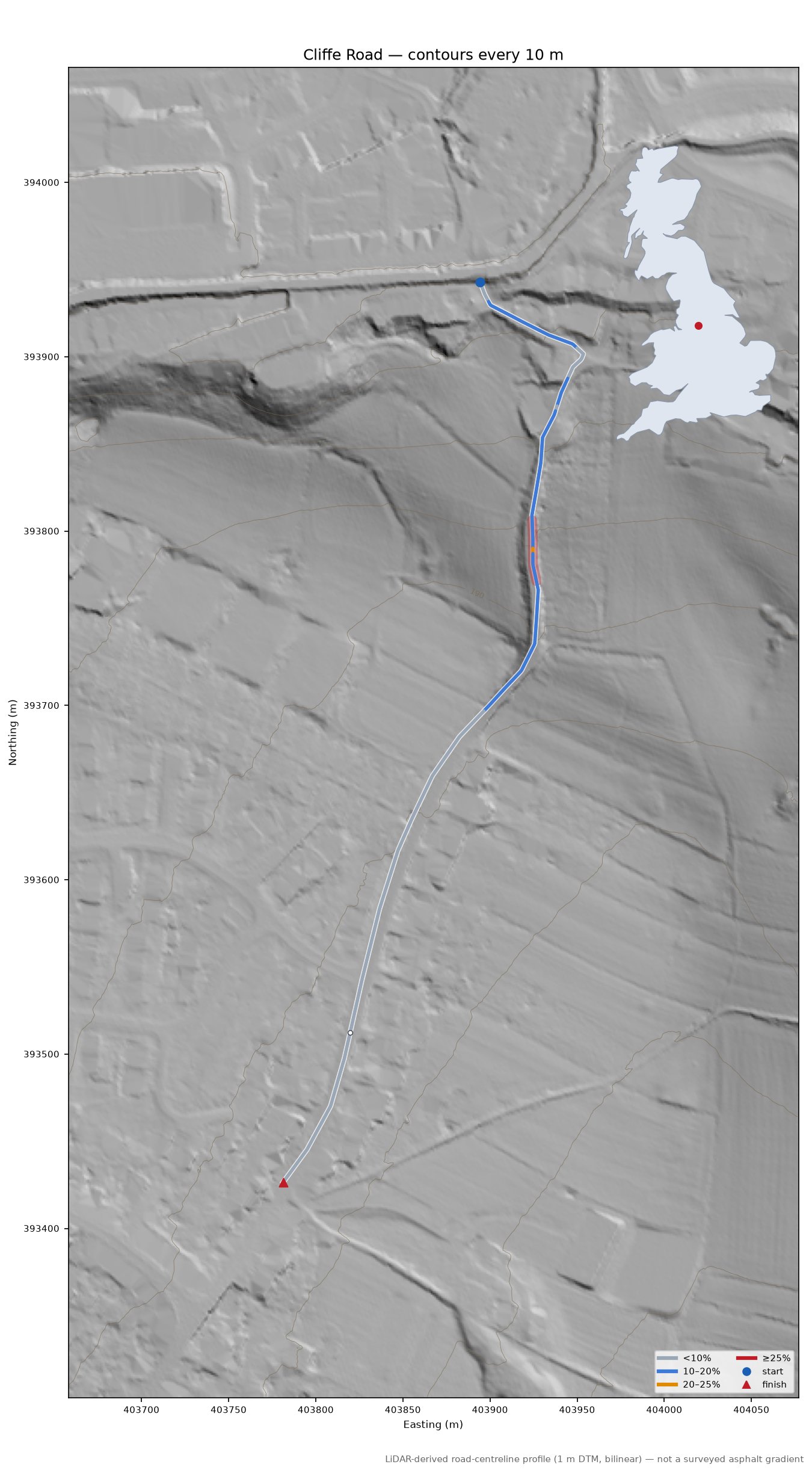 Cliffe Road LiDAR hillshade map with contours