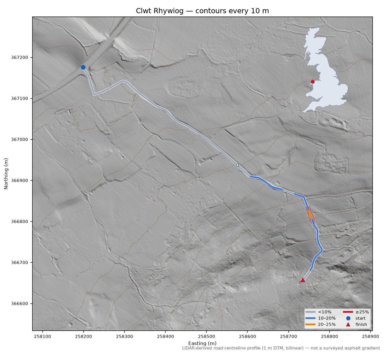 Clwt Rhywiog LiDAR hillshade map with contours