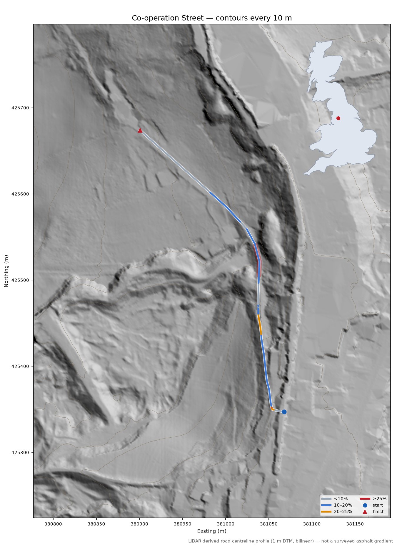 Co-operation Street LiDAR hillshade map with contours