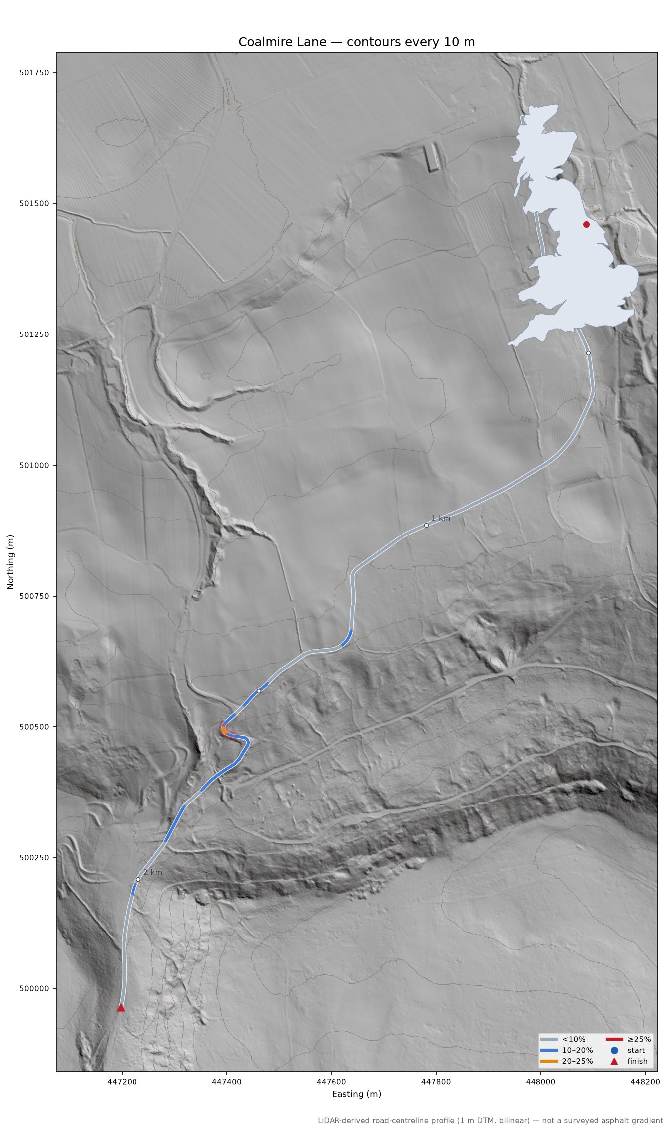 Coalmire Lane LiDAR hillshade map with contours