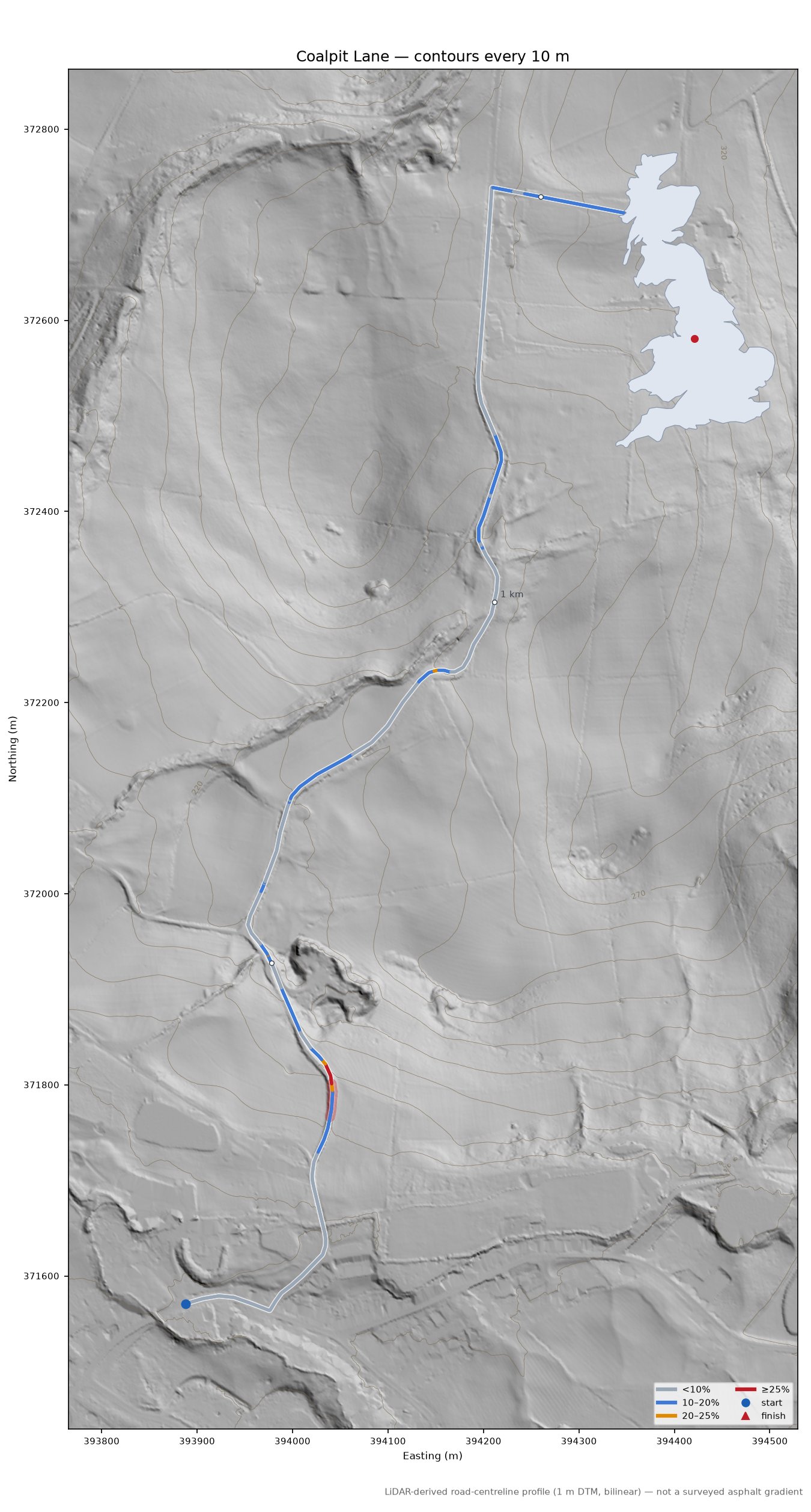 Coalpit Lane LiDAR hillshade map with contours