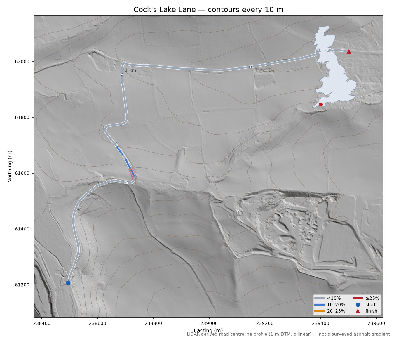 Cock's Lake Lane LiDAR hillshade map with contours