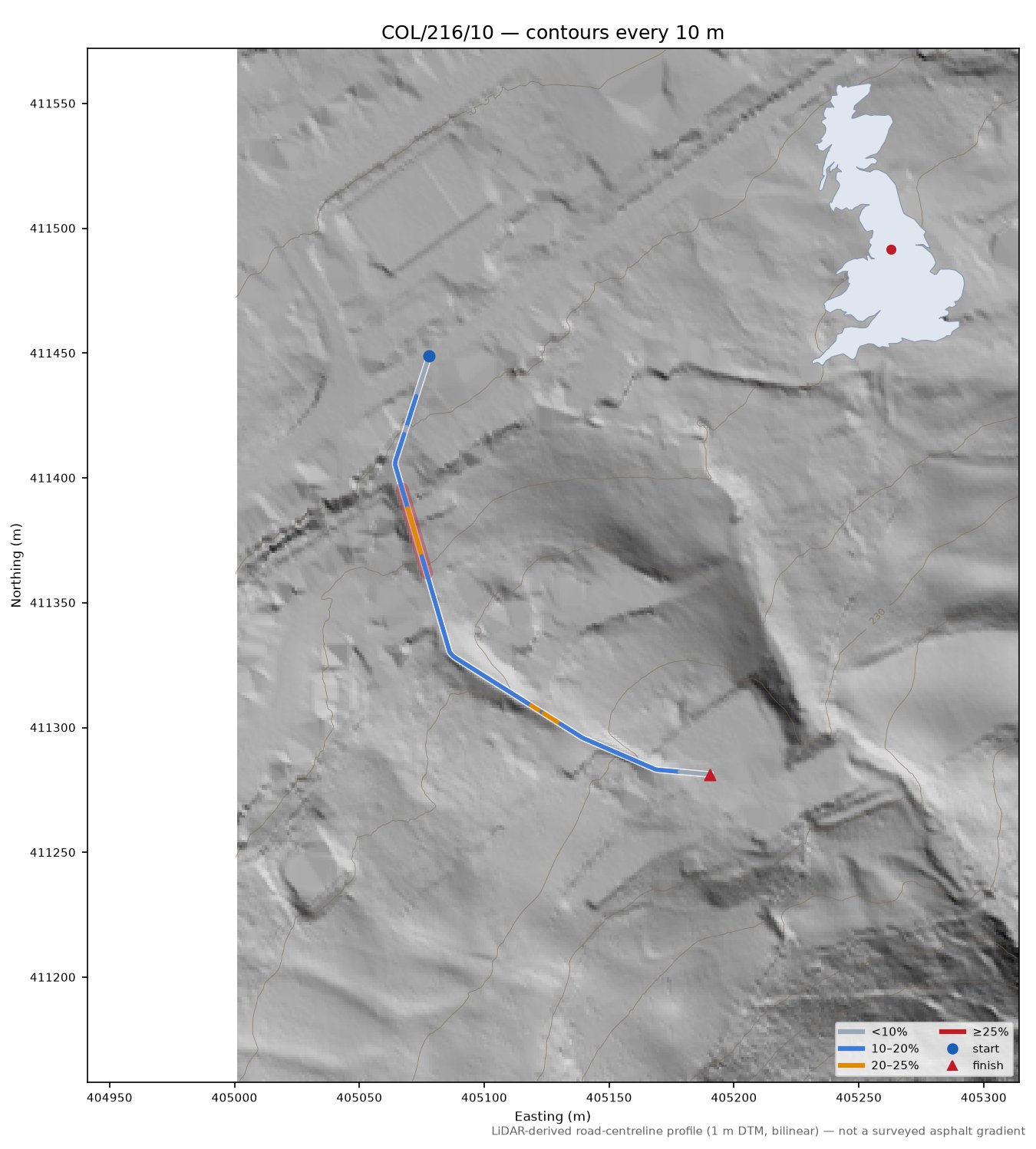 COL/216/10 LiDAR hillshade map with contours