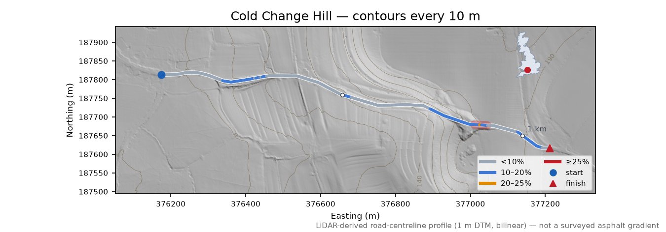 Cold Change Hill LiDAR hillshade map with contours