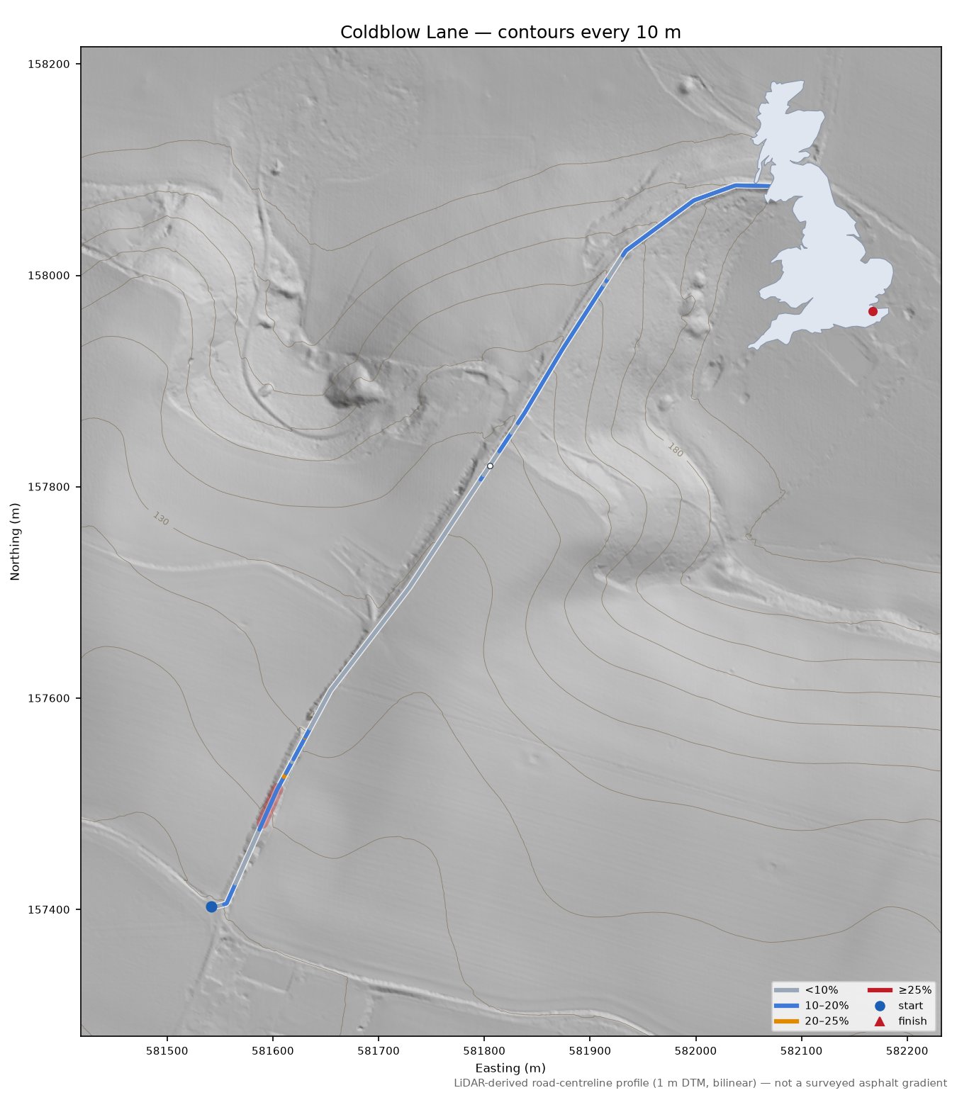 Coldblow Lane LiDAR hillshade map with contours