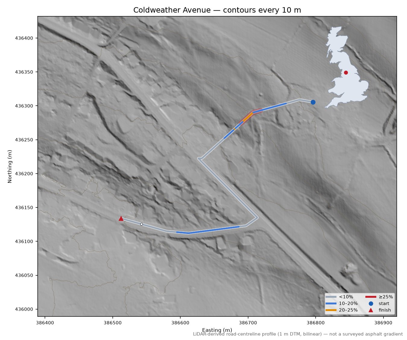 Coldweather Avenue LiDAR hillshade map with contours