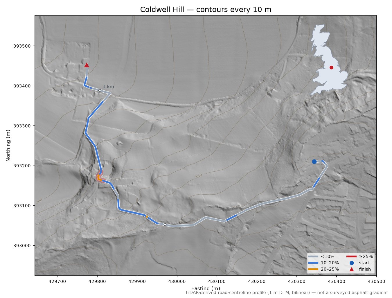 Coldwell Hill LiDAR hillshade map with contours