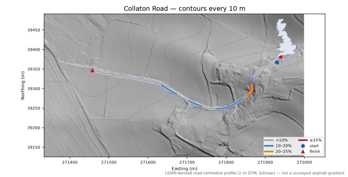 Collaton Road LiDAR hillshade map with contours