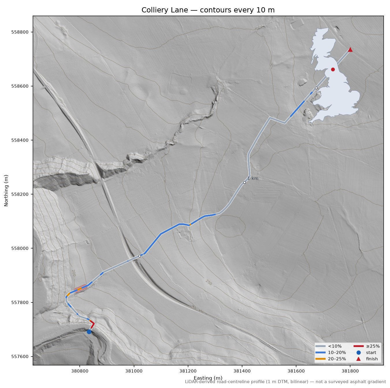 Colliery Lane LiDAR hillshade map with contours