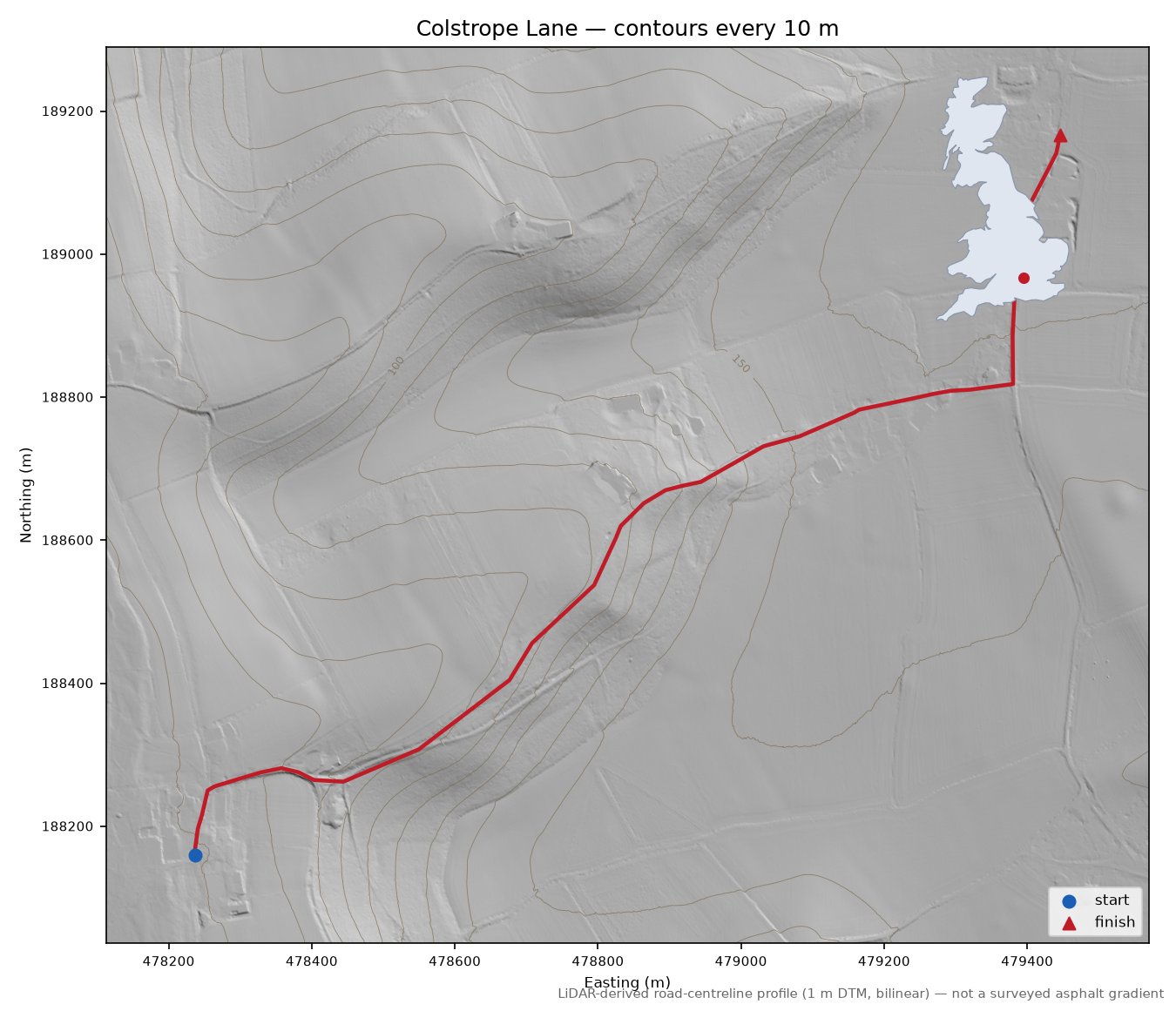 Colstrope Lane LiDAR hillshade map with contours