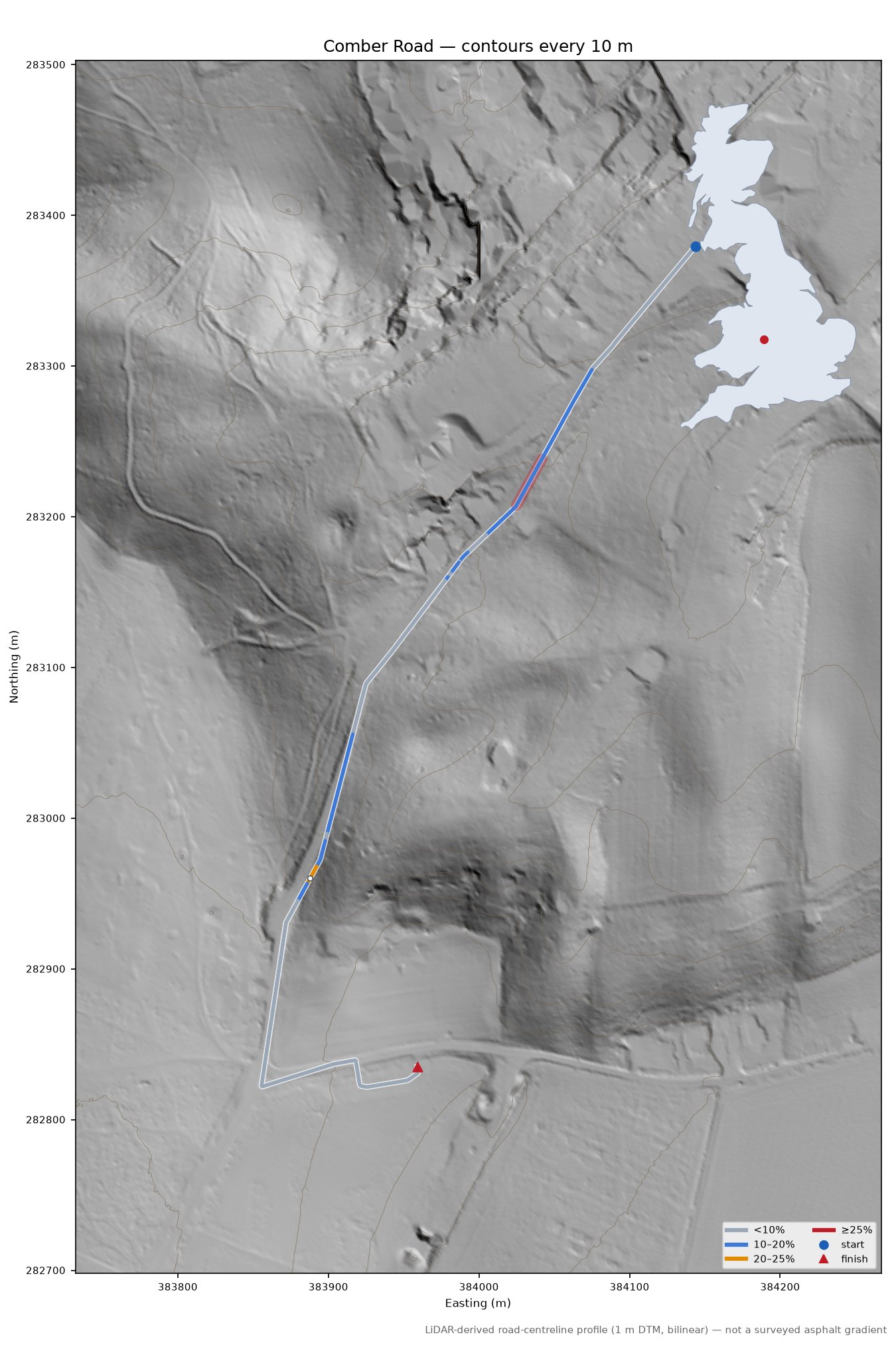 Comber Road LiDAR hillshade map with contours
