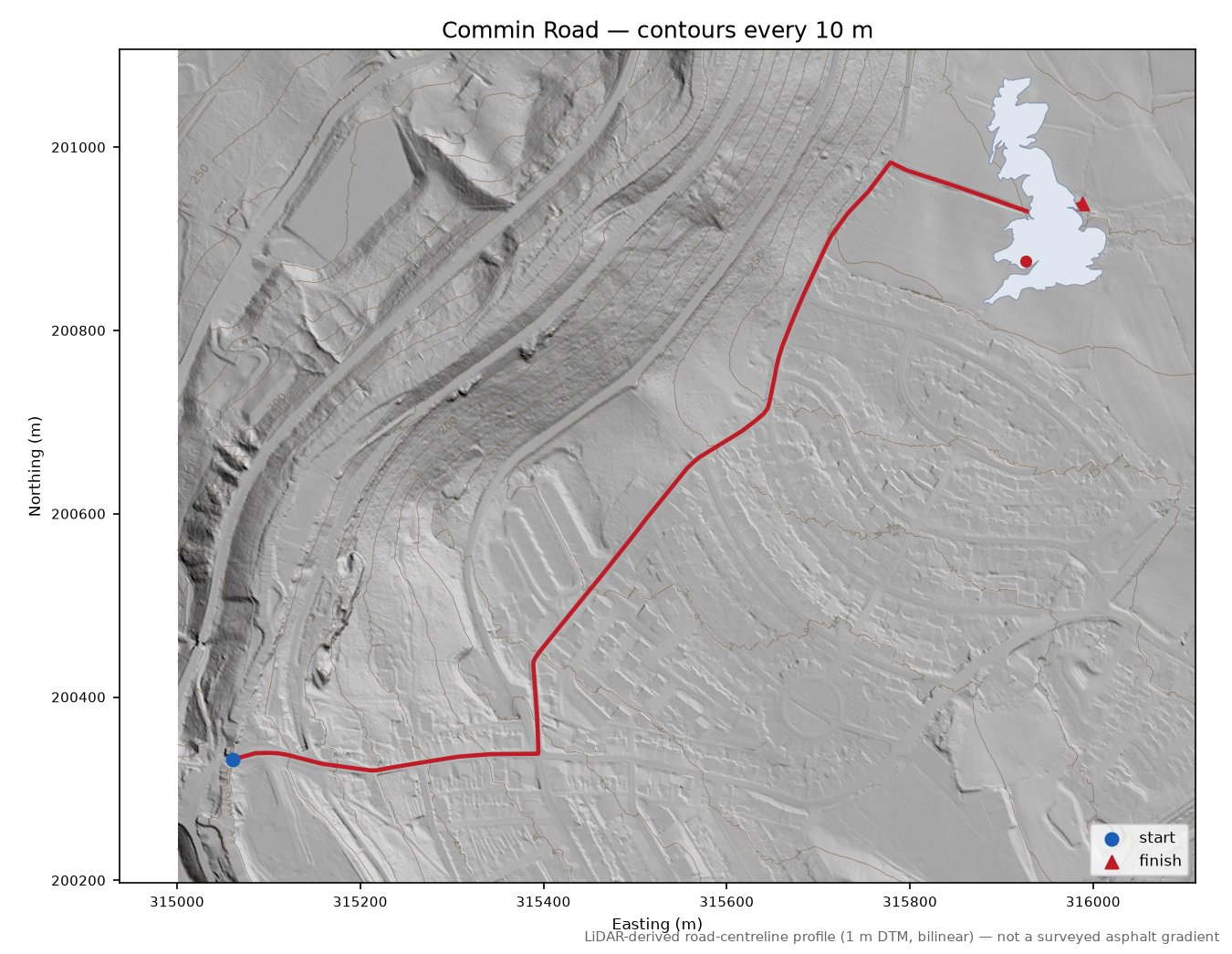 Commin Road LiDAR hillshade map with contours