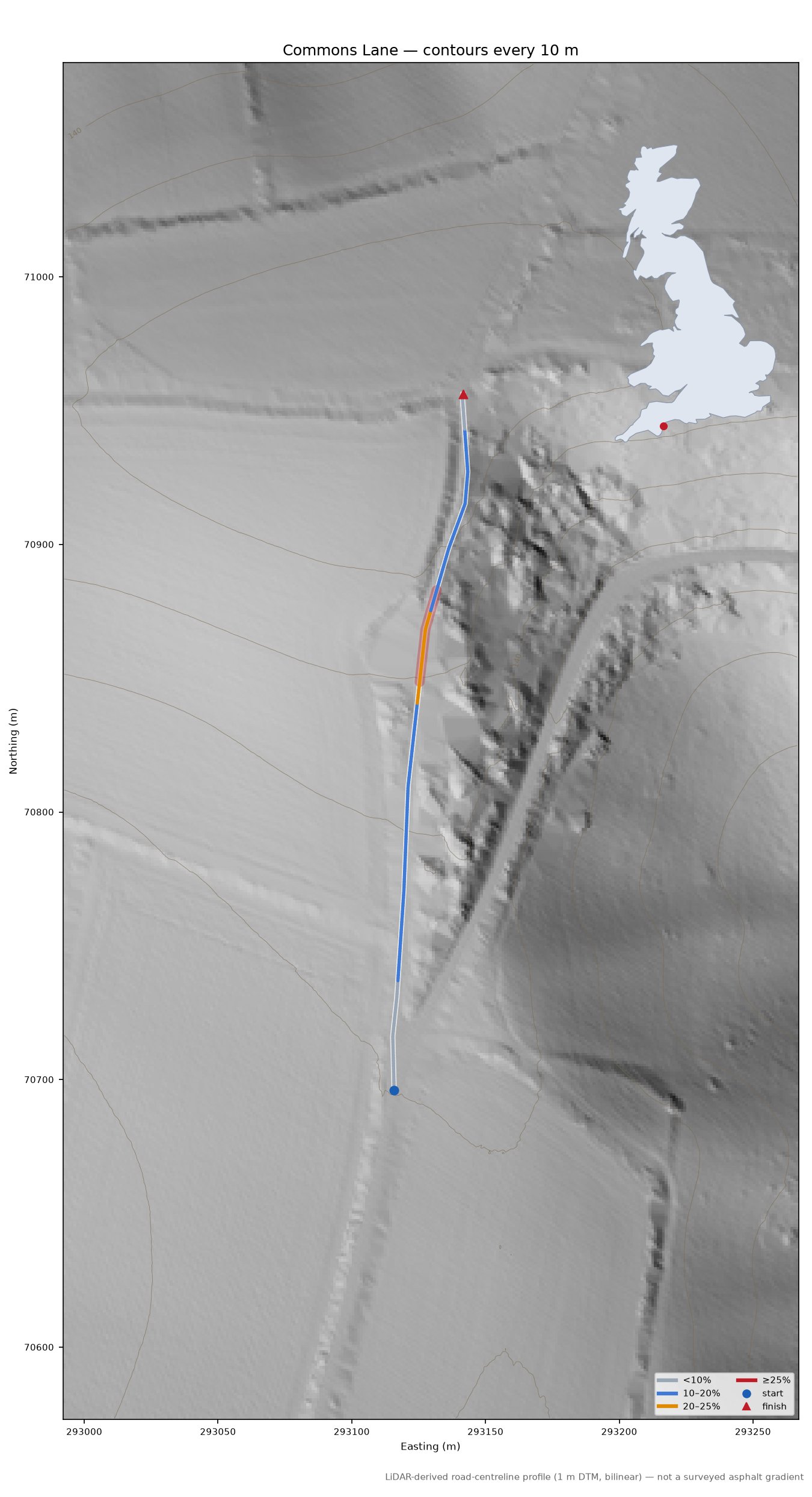 Commons Lane LiDAR hillshade map with contours